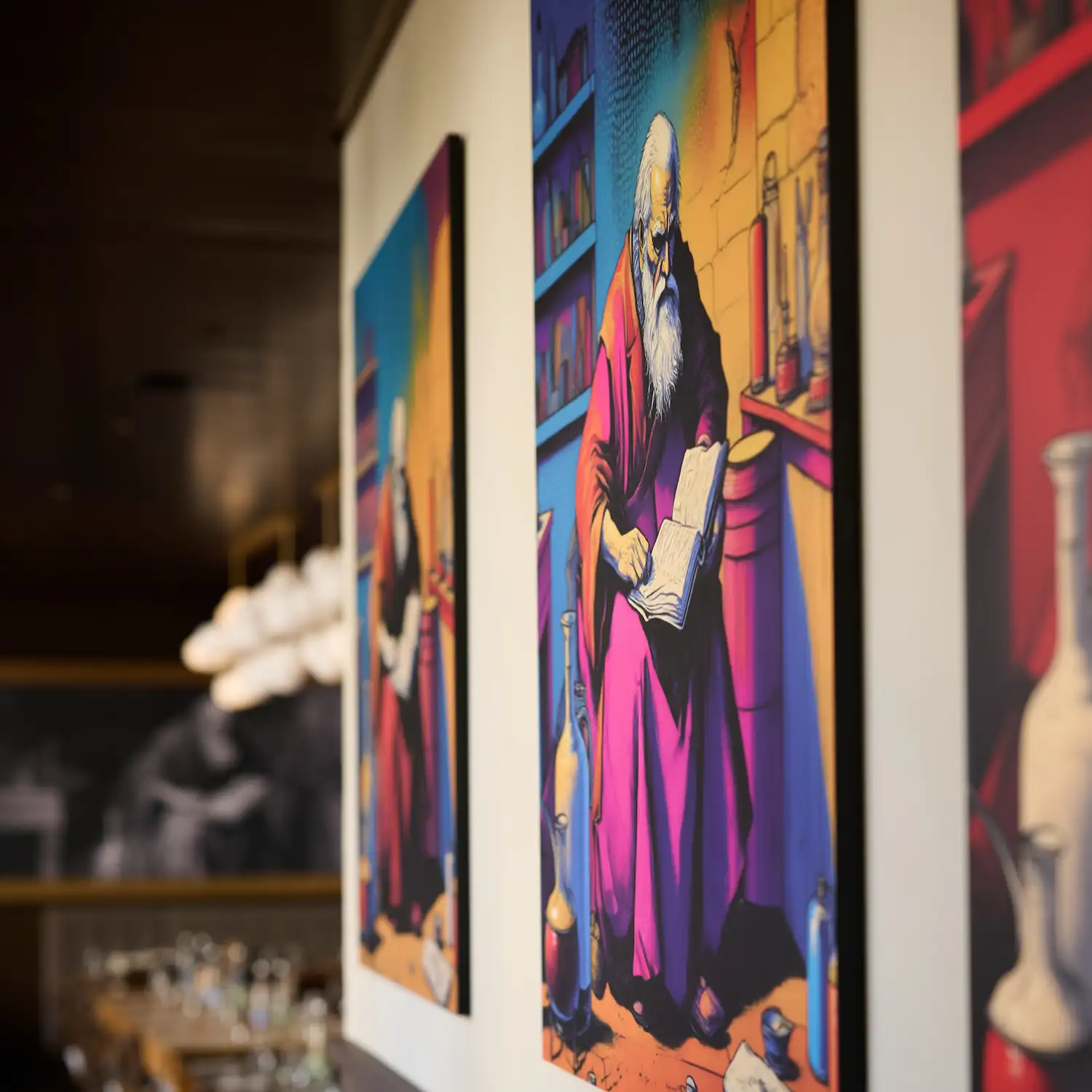 Bunte Kunstwerke an der Wand im Gasthaus Gutenberg