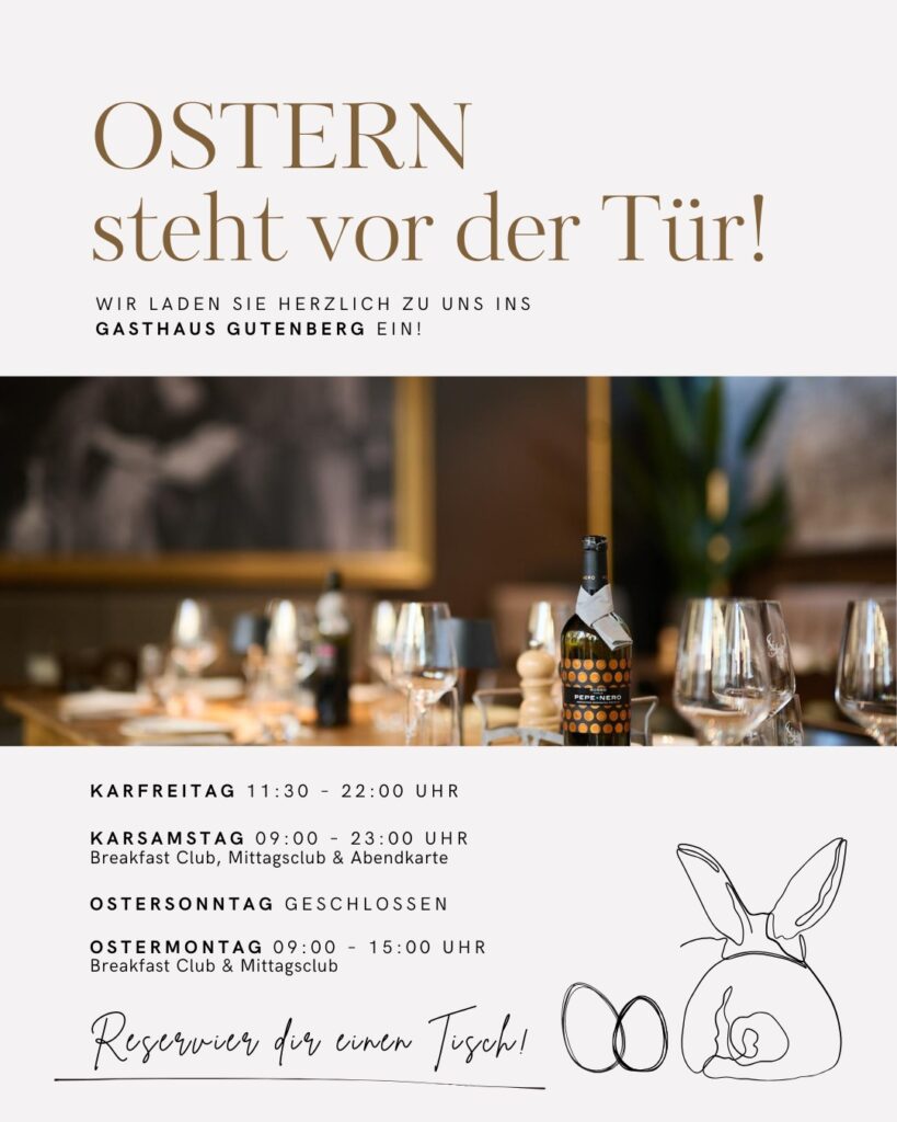 Ostergrafik mit Hinweis auf gemeinsame Zeit im Gasthaus Gutenberg